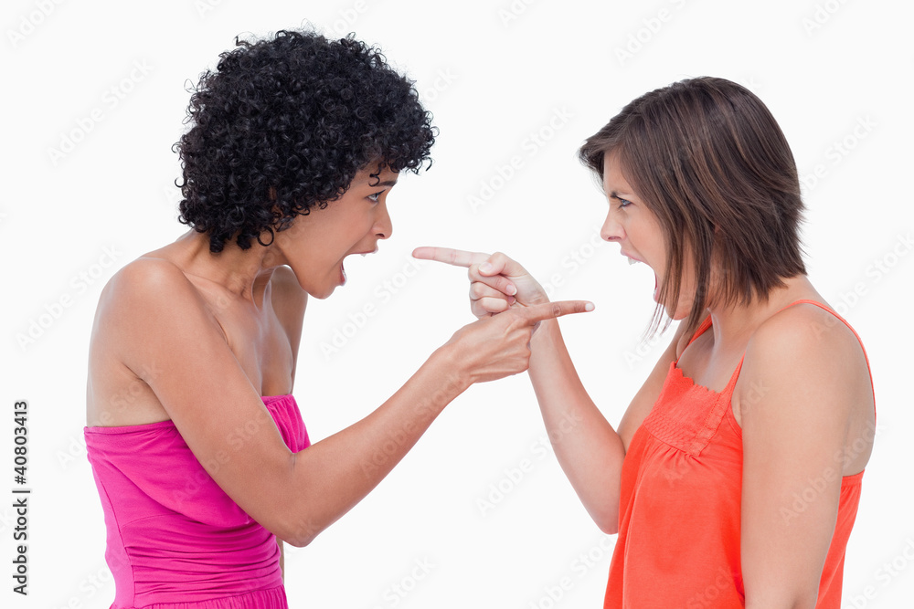 Angry teenage girls standing face to face and pointing their fin Angry teenage girls standing face to face and pointing their fin