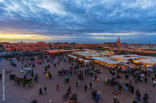 The Jemaa el-Fnaa Square at sunset, Marrakech, Morocco.