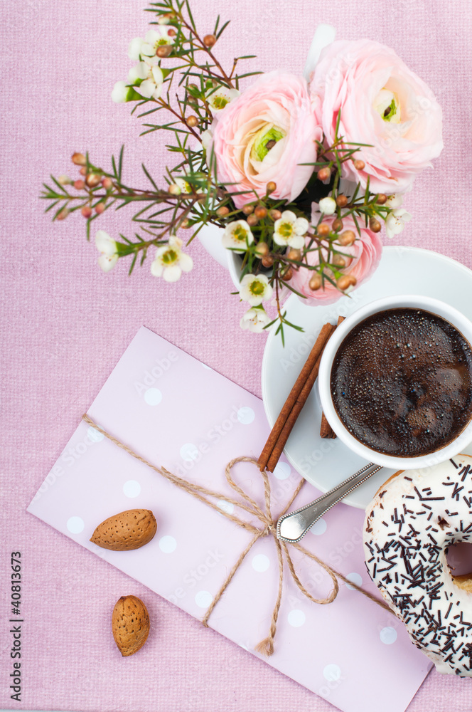 Lovely breakfast in pink colors