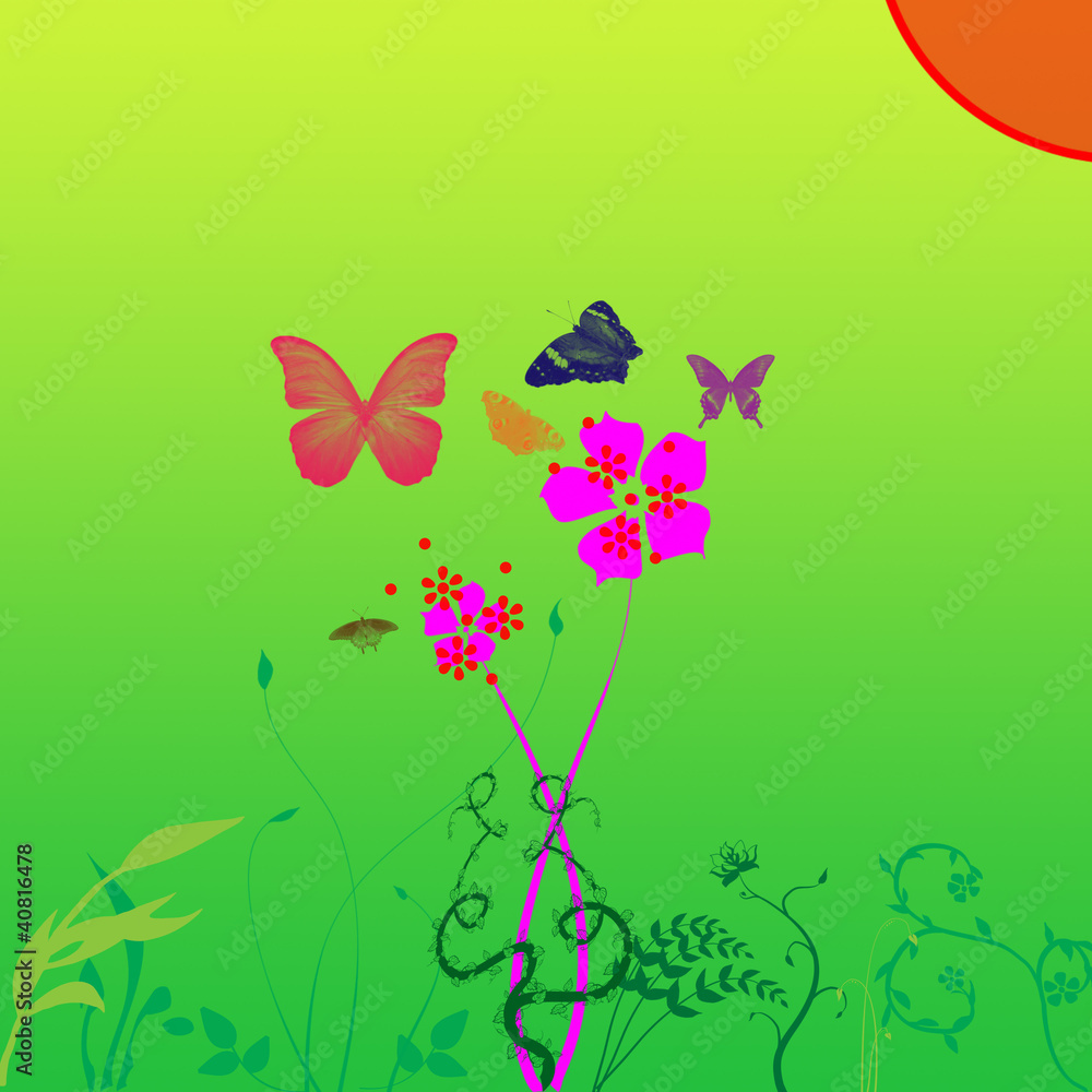 Many butterfly and pink flower.Illustration of a cartoon .