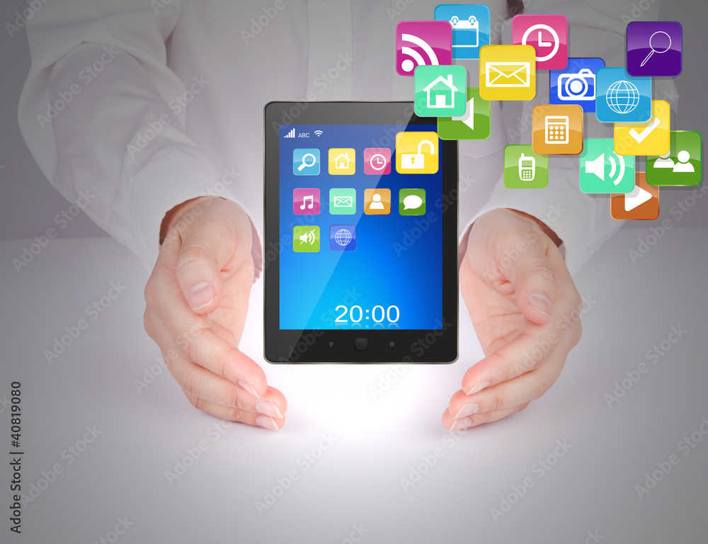 Business man with touch screen device Business man with touch screen device