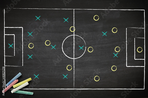 soccer game strategy drawn with chalk on a blackboard. photo