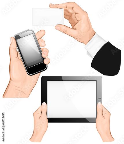 Set of hands holding business card, pc tablet,  mobilephone.