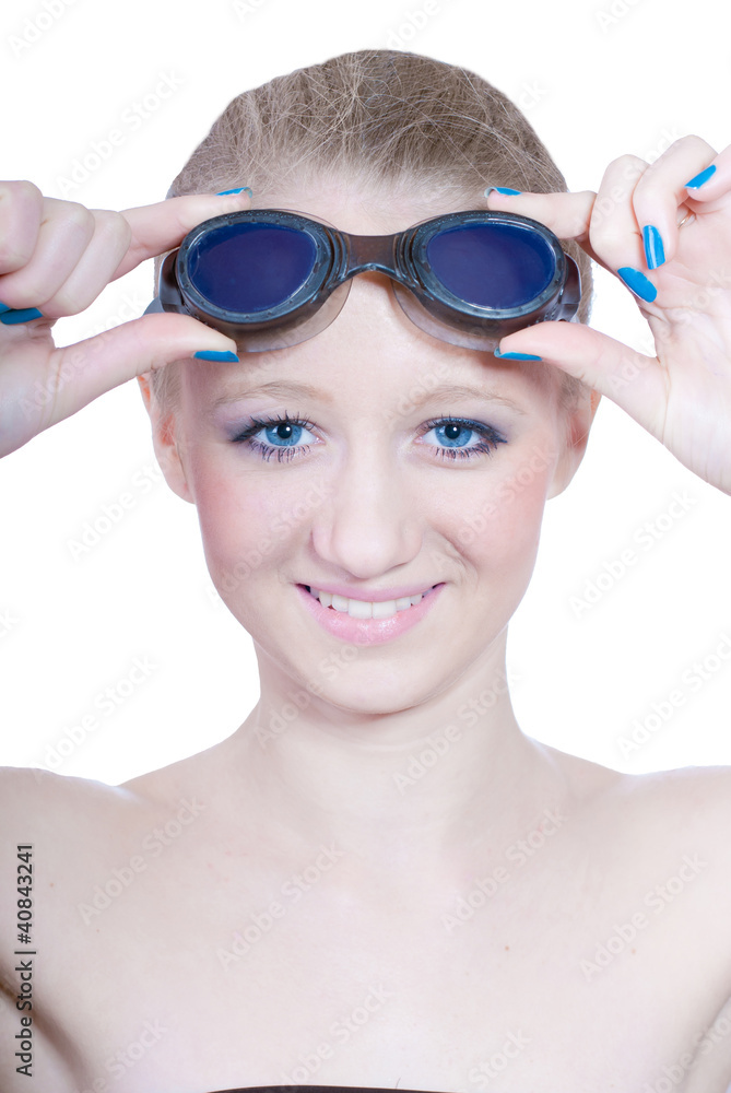 beautiful young woman in goggles isolated on white background beautiful young woman in goggles isolated on white background