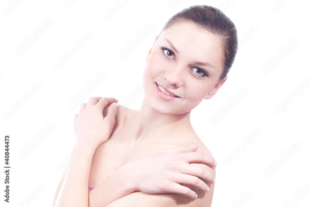 beauty portrait of pretty woman covering her naked shoulders beauty portrait of pretty woman covering her naked shoulders