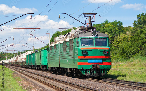 Electric locomotive pushing a cargo train