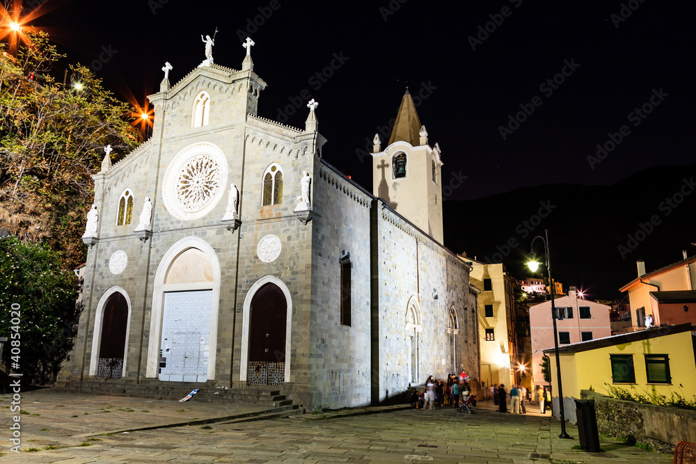 Illuminated Church in the Village of Riomaggiore at Night, Cinqu