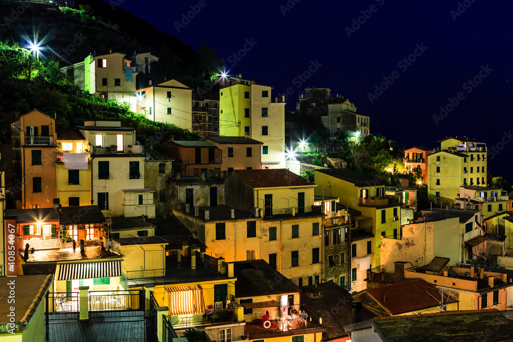 Aerial View on Illuminated Village of  Riomaggiore at Night, Cin