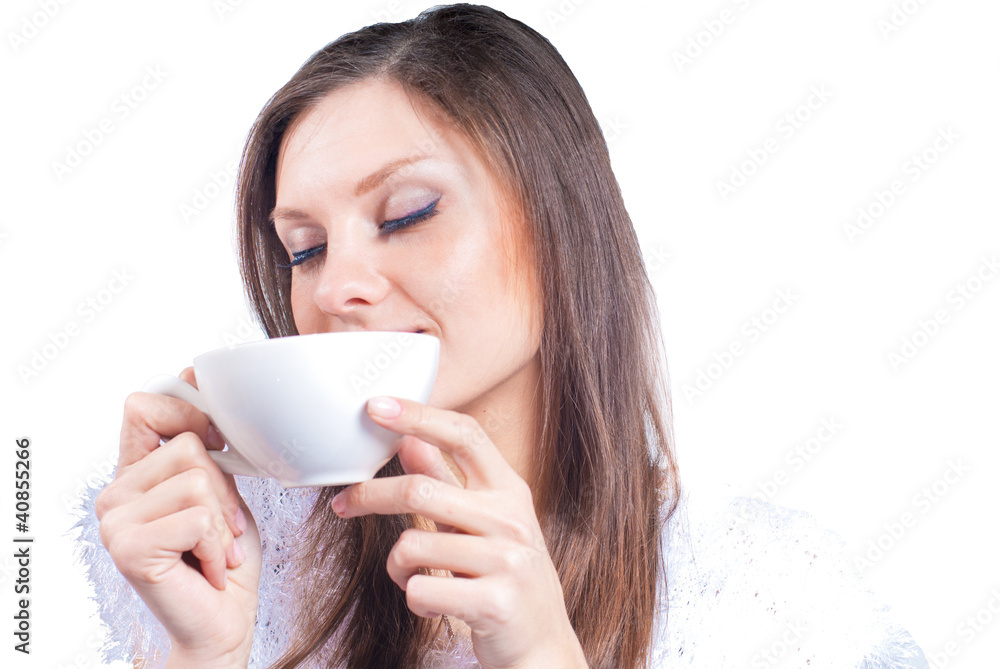 Beautiful woman & white cup of tea or coffee eyes happy closed Beautiful woman & white cup of tea or coffee eyes happy closed