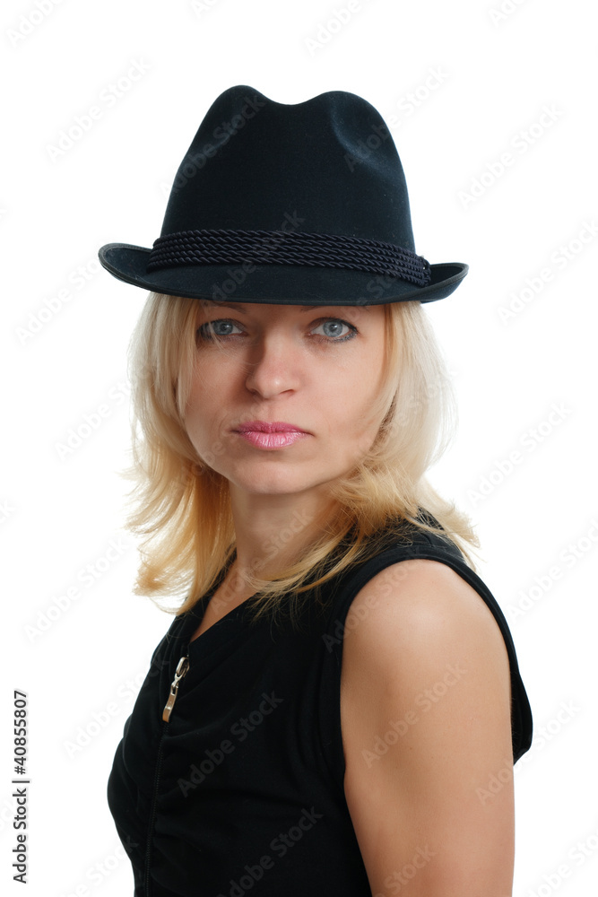serious woman with a black hat serious woman with a black hat