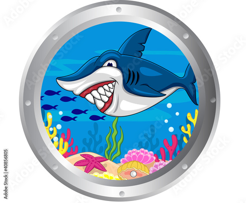 Shark cartoon with porthole frame