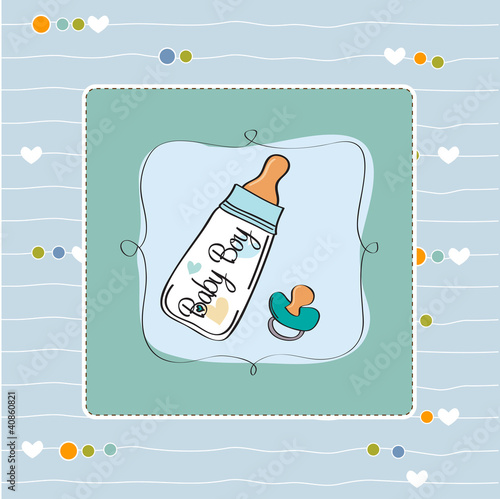 baby announcement card with milk bottle and pacifier