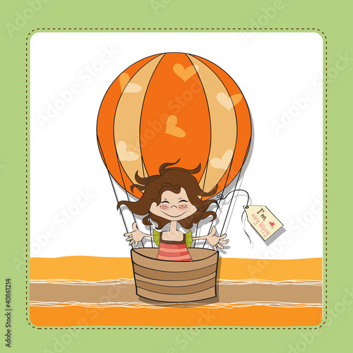 happy girl flying with a balloon flying