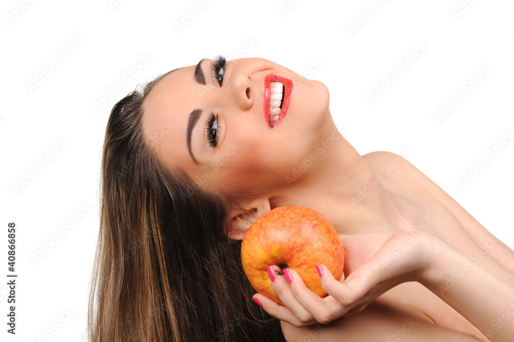 Beautiful young woman with apple. Isolated over white Beautiful young woman with apple. Isolated over white