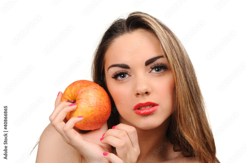Beautiful young woman with apple. Isolated over white Beautiful young woman with apple. Isolated over white