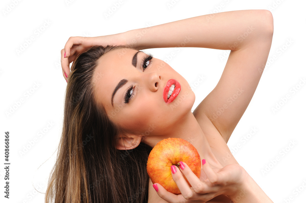 Beautiful young woman with apple. Isolated over white Beautiful young woman with apple. Isolated over white