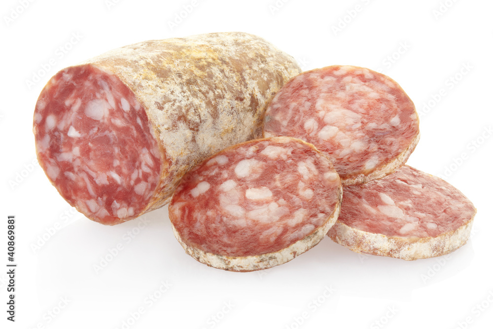 Salami and slices on white, clipping path included Salami and slices on white, clipping path included