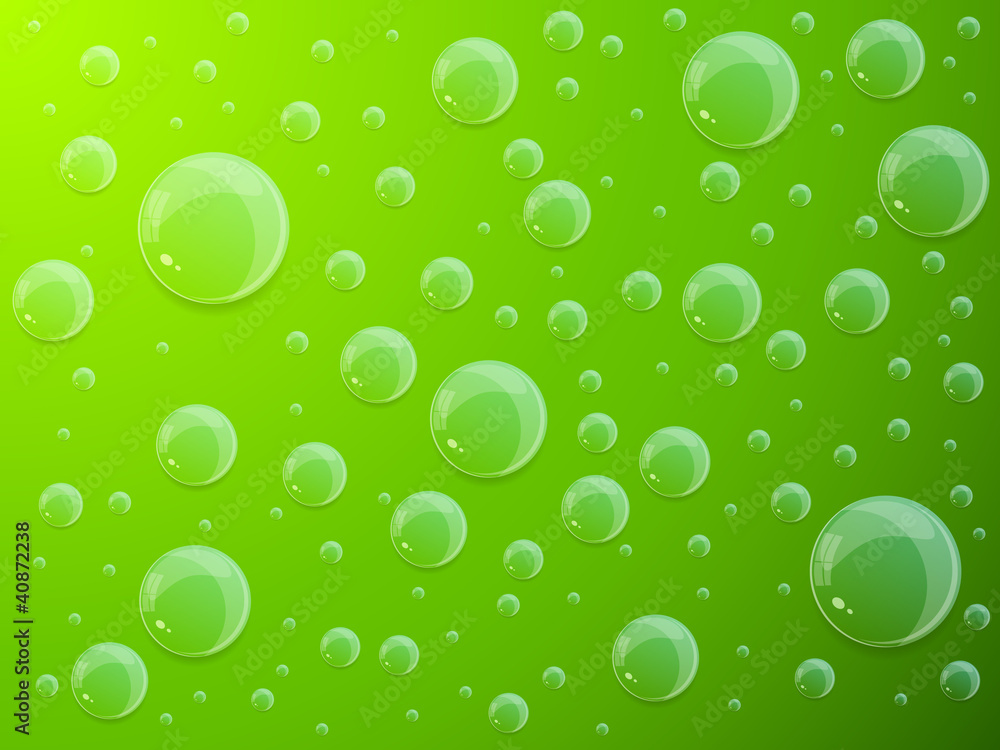 Water drops on green background. Vector illustration.