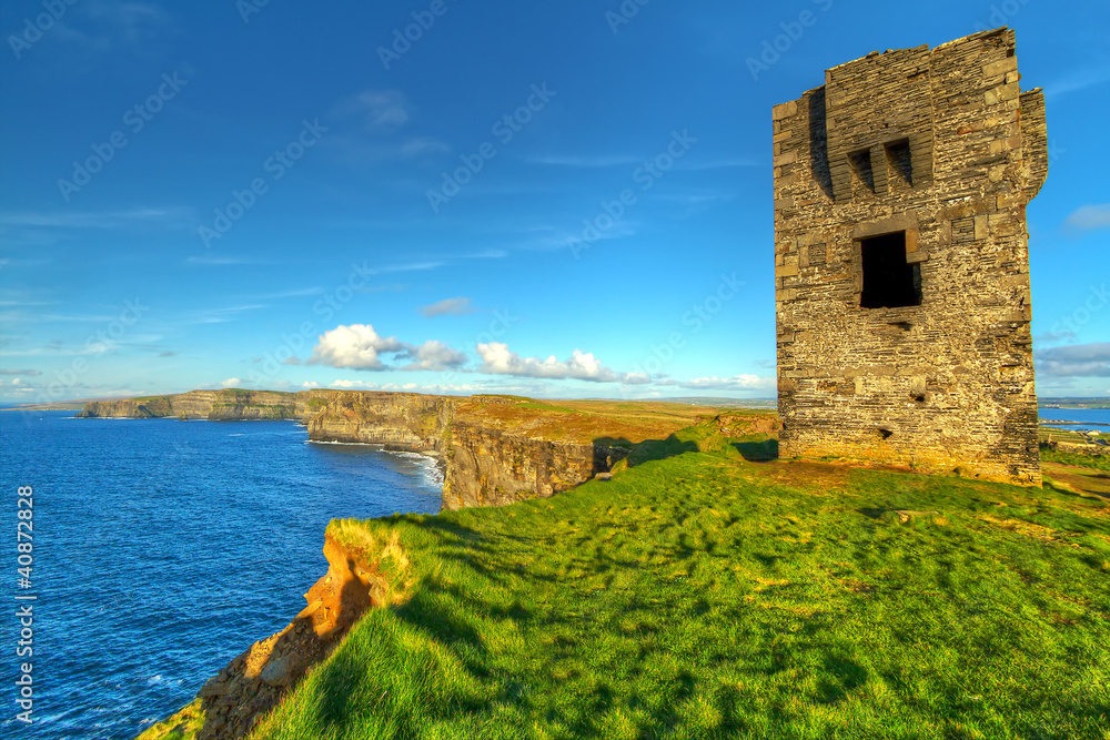 Ruins of old castle on Cliffs of Moher, Ireland
