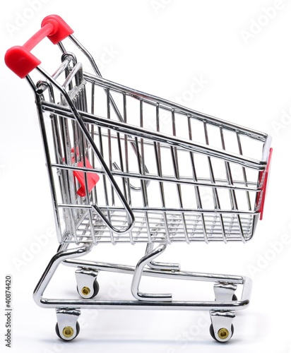 An empty shopping trolley on a white background
