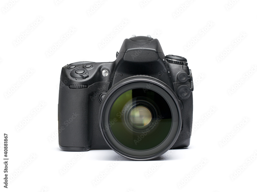 Front view of digital SLR camera isolated on white background Front view of digital SLR camera isolated on white background