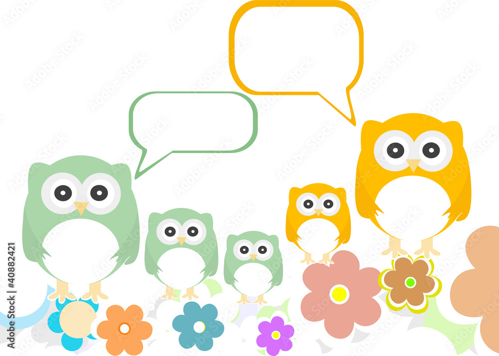 owl family with flowers and speech bubbles owl family with flowers and speech bubbles