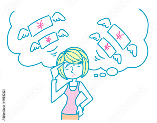 お金が飛んでいくのをイメージする女性