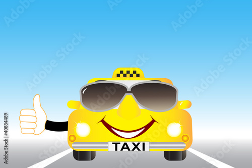 cute cartoon taxi with thumb up on the highway
