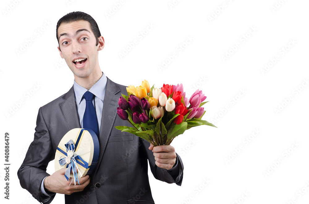 Businessman with giftbox and flowers Businessman with giftbox and flowers