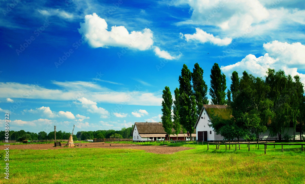 Landscape of Hungary with a farmhouse
