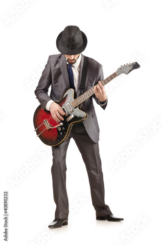 Photography Young guitar player isolated on white
