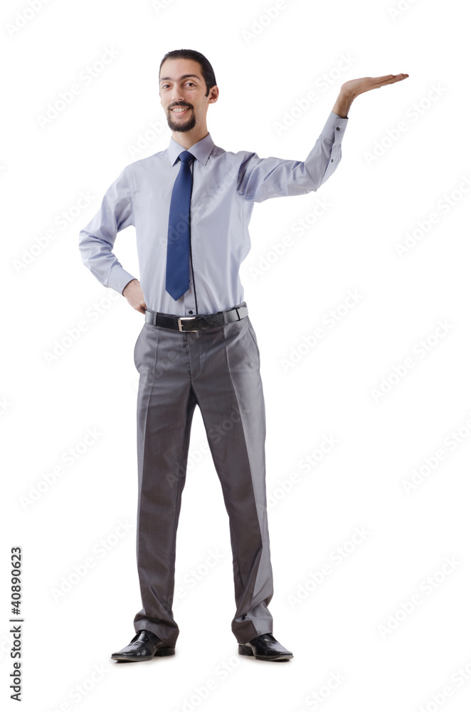 Businessman pushing away virtual obstacles Businessman pushing away virtual obstacles