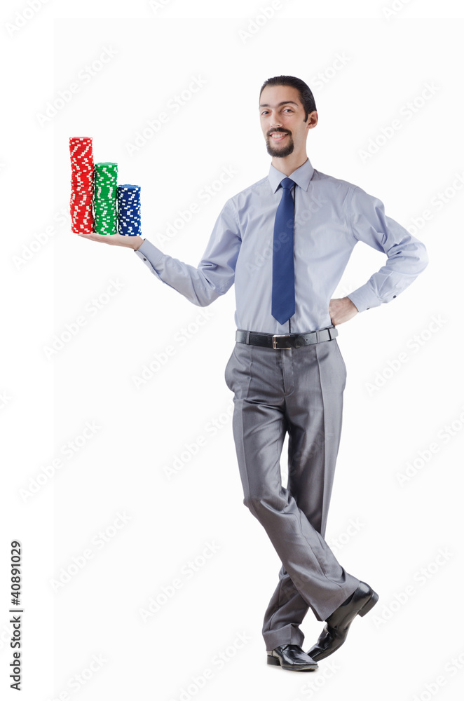 Businessman and casino chips on white Businessman and casino chips on white