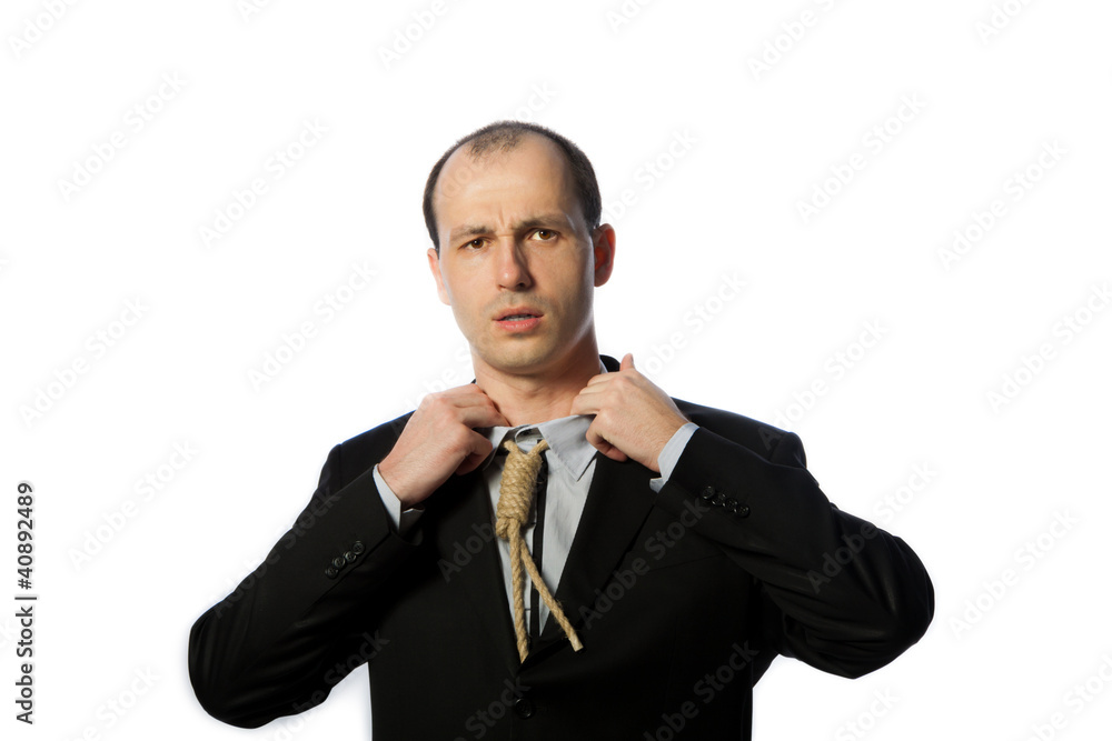 Businessman with gallow tie suffocating and trying to have a bre Businessman with gallow tie suffocating and trying to have a bre