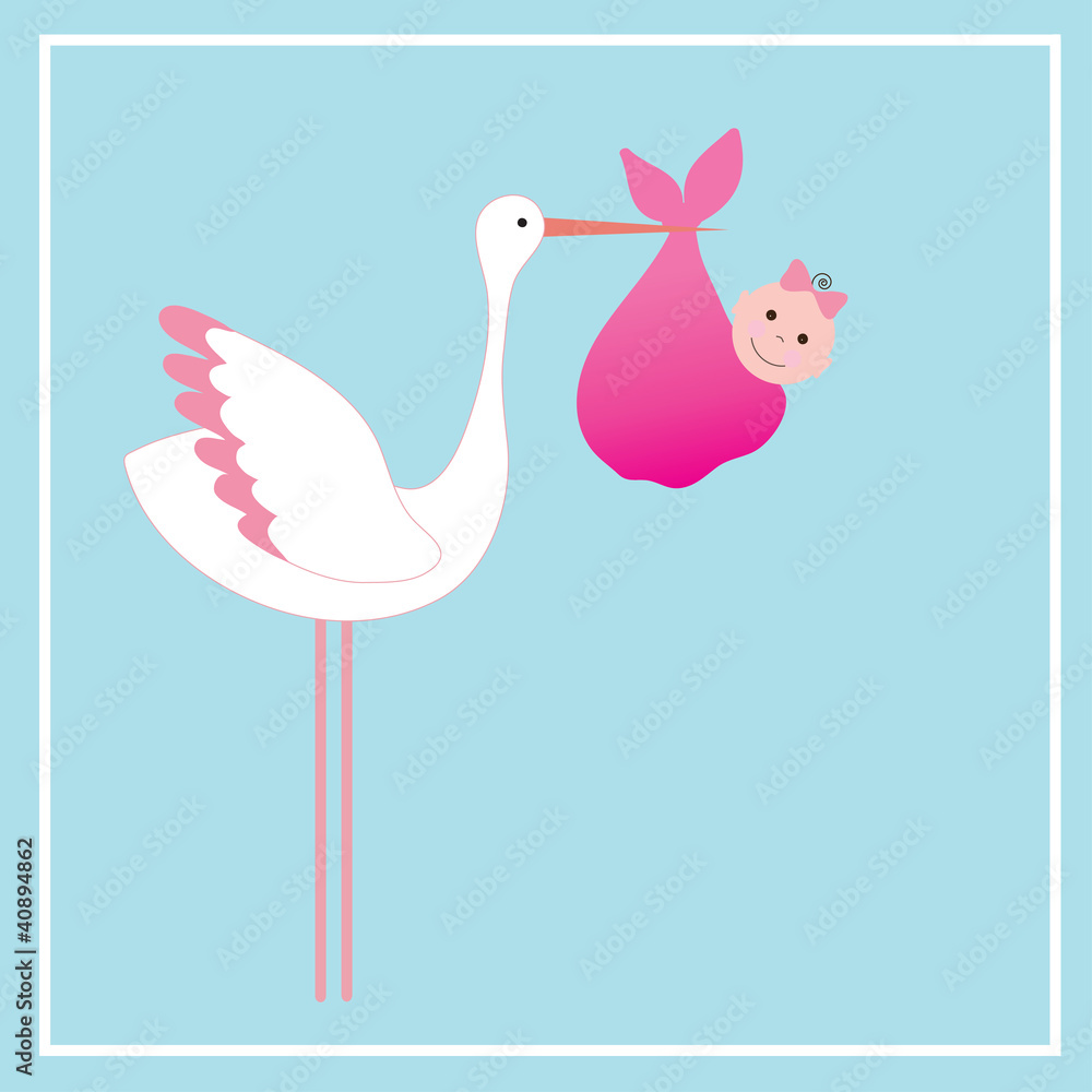 A cartoon illustration of a stork delivering a newborn baby girl Stock  Vector | Adobe Stock