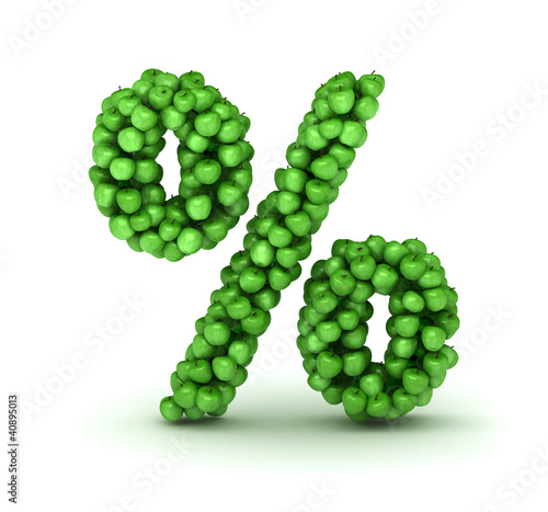 Percent symbol, alphabet of green apples