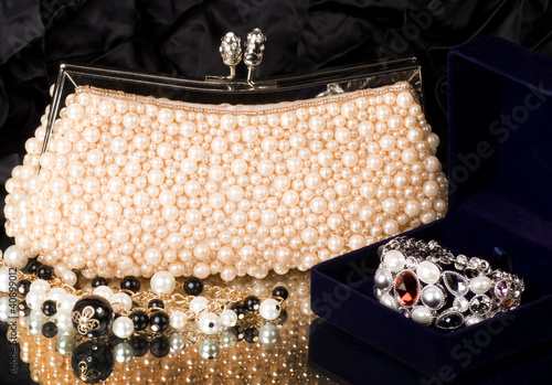 Fashionable handbag and pearl jewelry