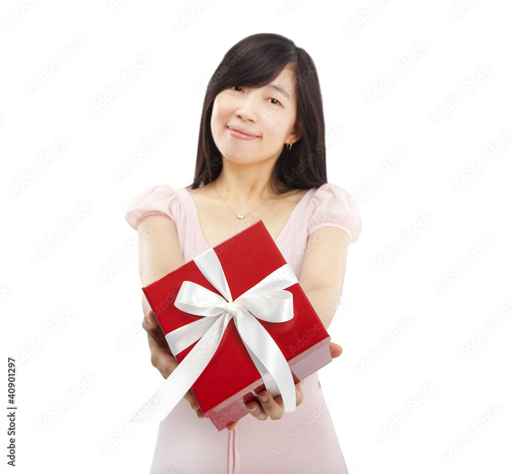 smiling asian young woman holding gift box smiling asian young woman holding gift box