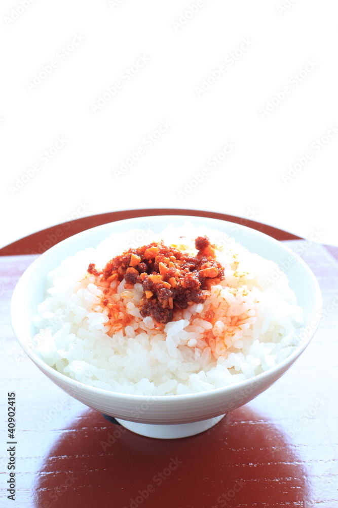 Spicy garlic oil on rice with copy space Spicy garlic oil on rice with copy space