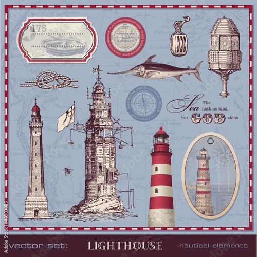 Vászonkép vector set: lighthouse - vintage nautical design elements