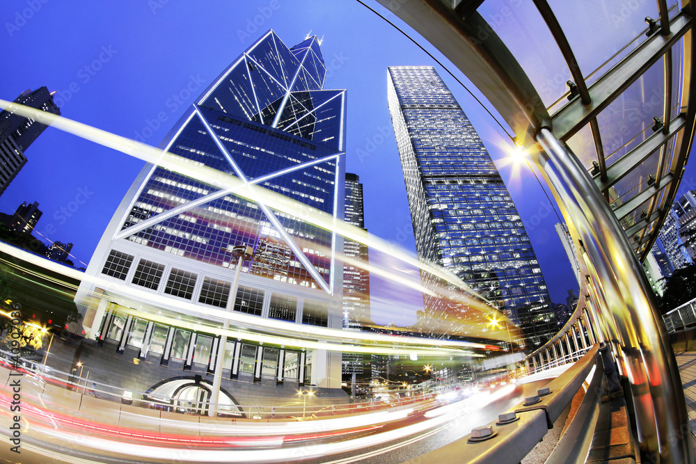 Obraz premium City. Hong Kong Night. Skyscrapers with traffic lights trails.