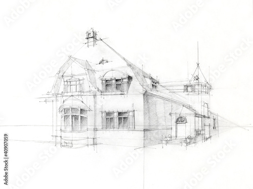 pencil sketch old house on white paper