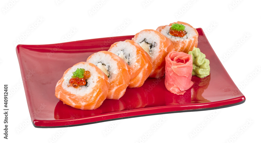 Japanese sushi traditional japanese food.Roll made of salmon, re Japanese sushi traditional japanese food.Roll made of salmon, re