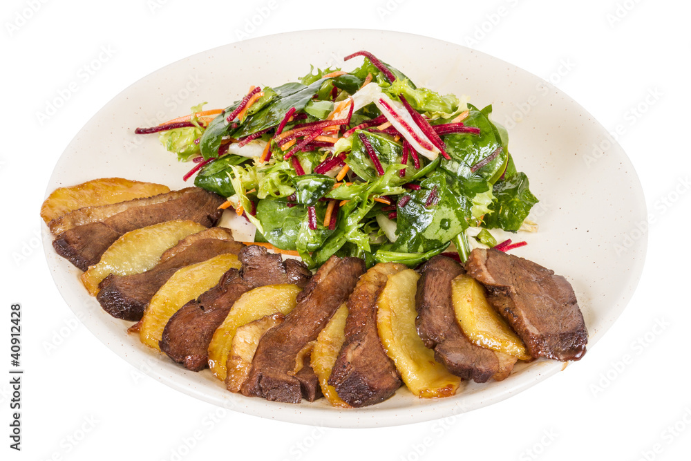 duck fillet, mashed potatoes seasoned with truffle oil, fig and duck fillet, mashed potatoes seasoned with truffle oil, fig and