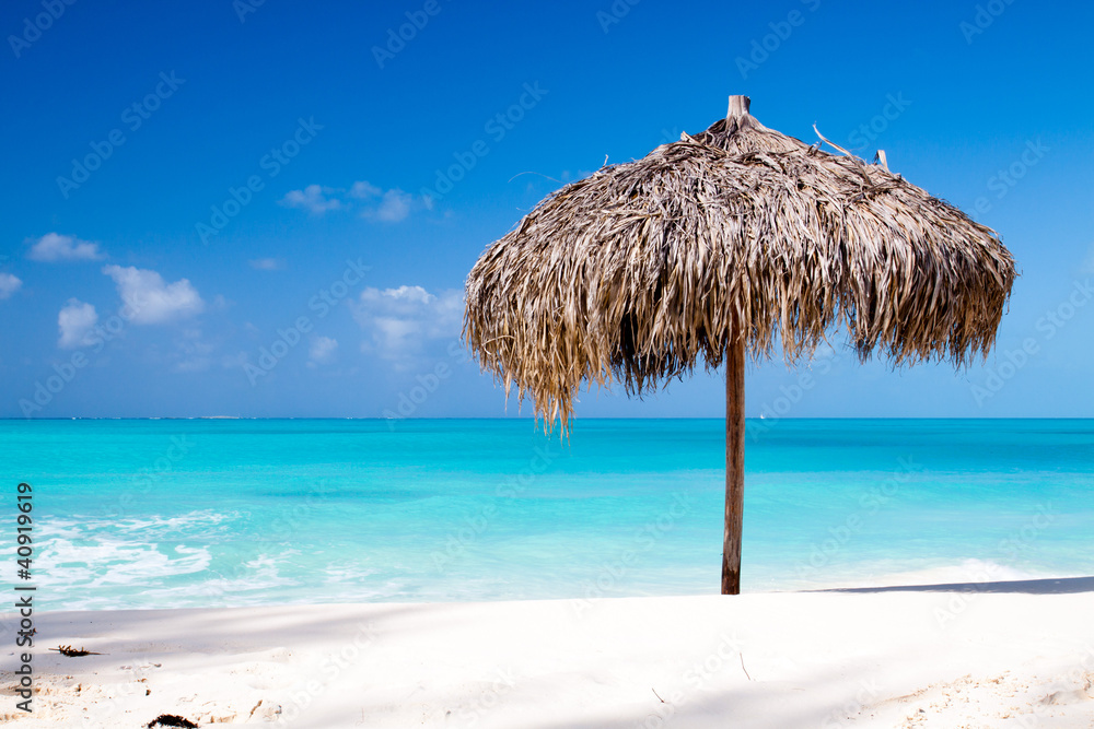 Beach Umbrella on a perfect white beach in front of Sea