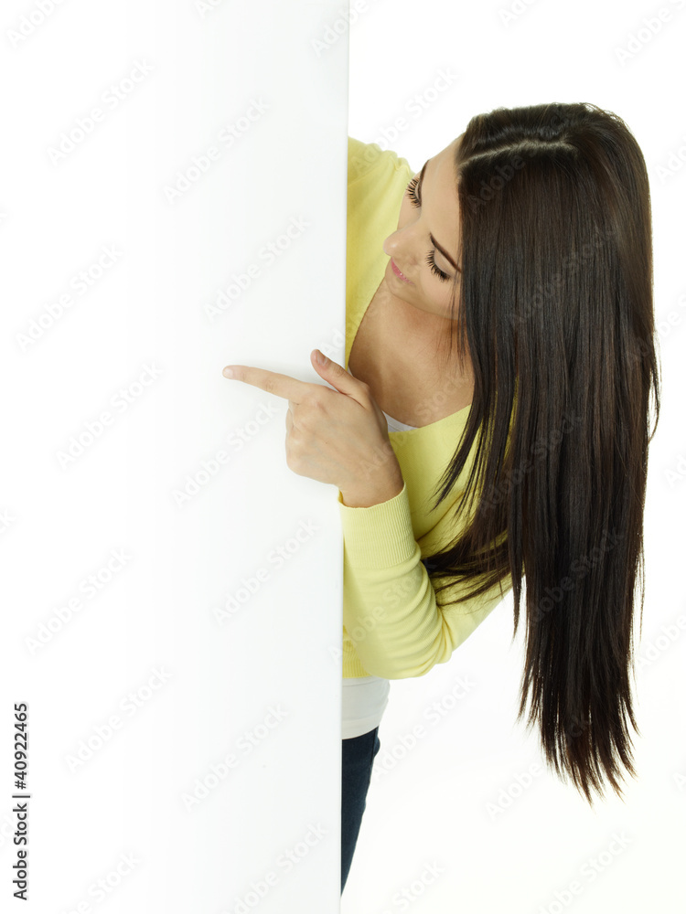 Pretty woman with white message board on white background Pretty woman with white message board on white background