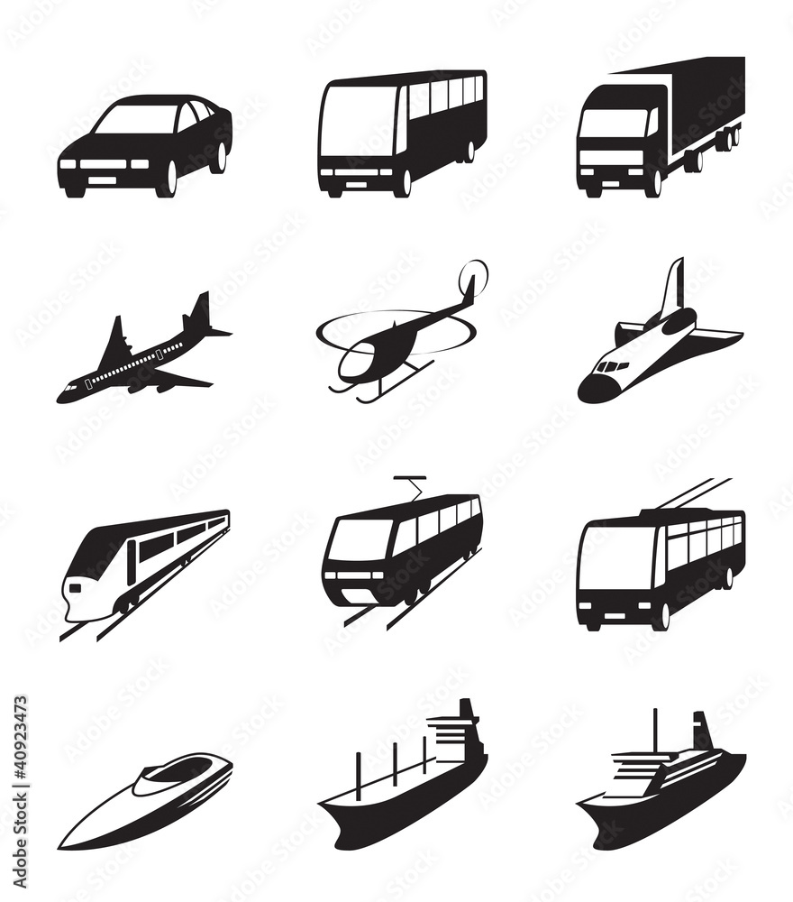 Road, sea and space transportation icons set Road, sea and space transportation icons set