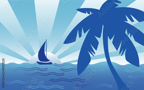 Tropical Seaside Landscape, sailboat, palm tree, ocean breeze.
