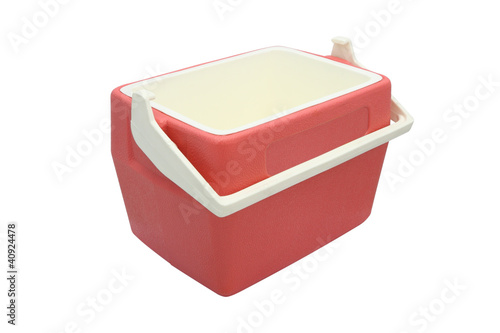 Plastic cooler box opened cover on white background.