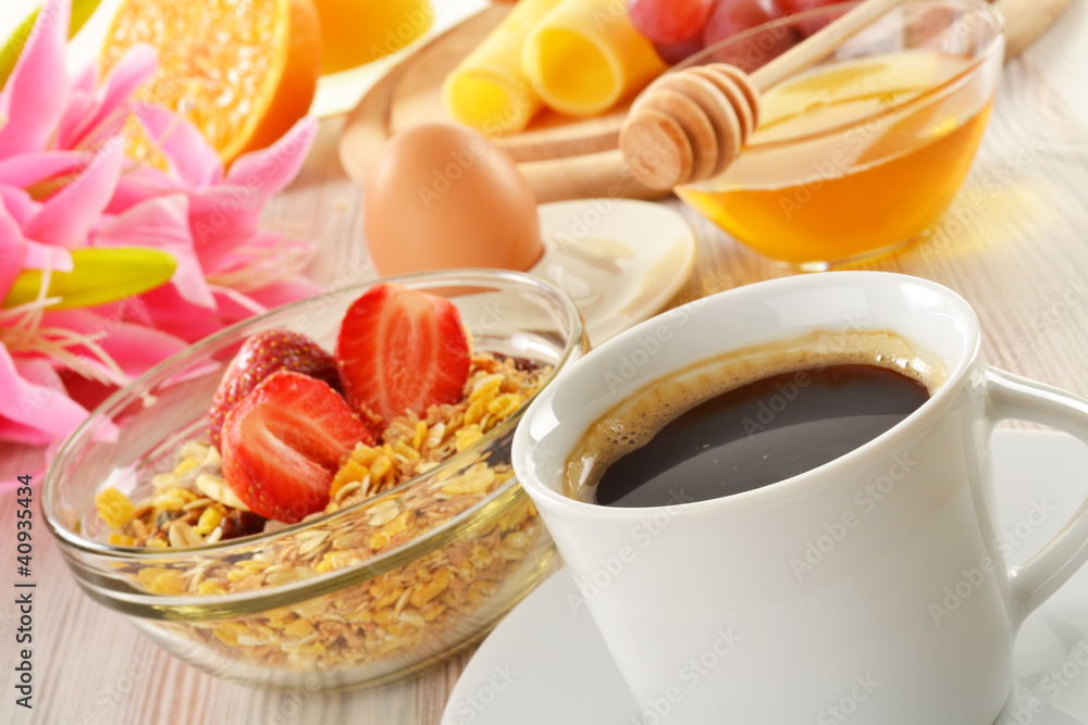 Breakfast with coffee, rolls, egg, orange juice, muesli & cheese Breakfast with coffee, rolls, egg, orange juice, muesli & cheese